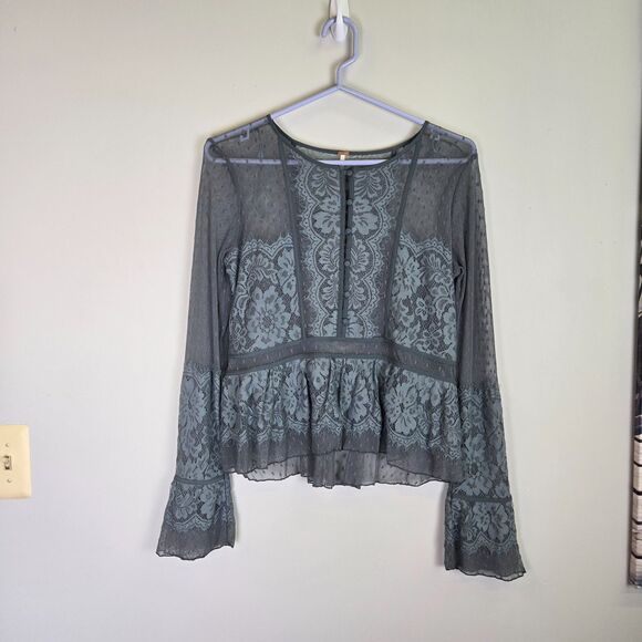 FREE PEOPLE Grey Lace Mesh Peplum Top Women's Small - Picture 9 of 9
